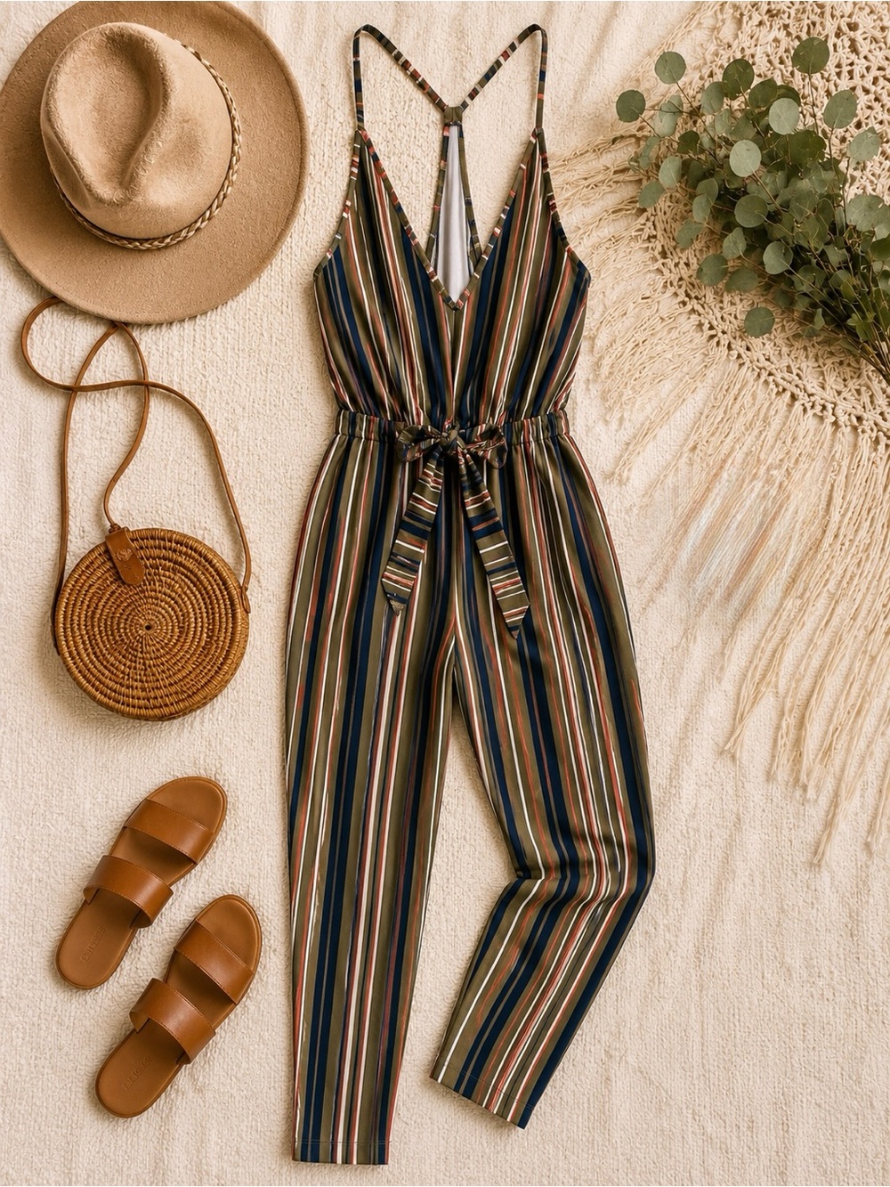 Striped V-Neck Tie-Waist Jumpsuit - Olive Multi